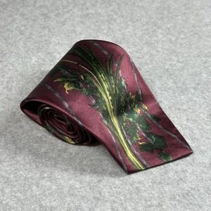 Vintage Anne Klein Men Silk Tie USA Red Floral Botanical Striped Necktie 56x3.75